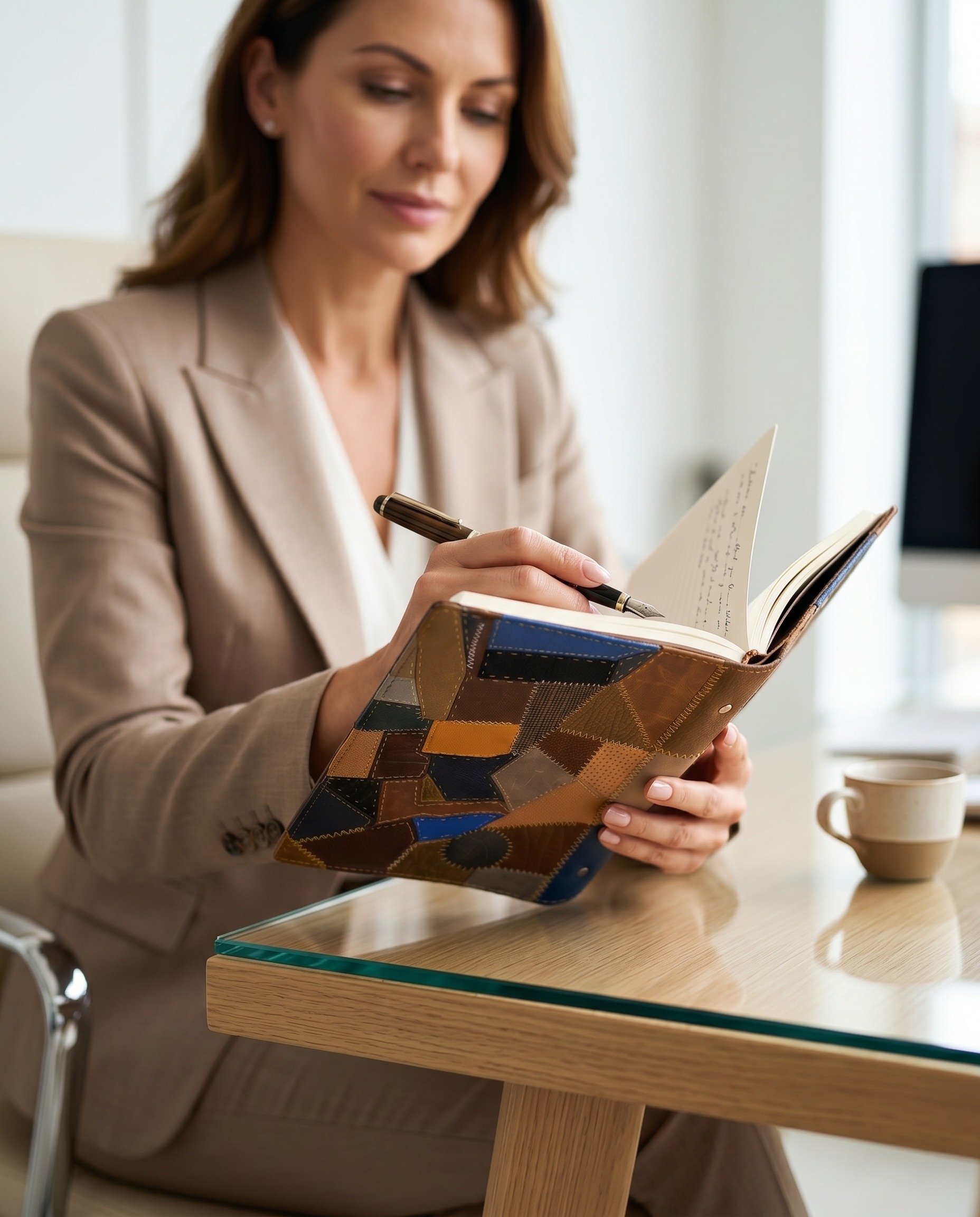 Professional woman writing in the handmade patchwork leather notebook